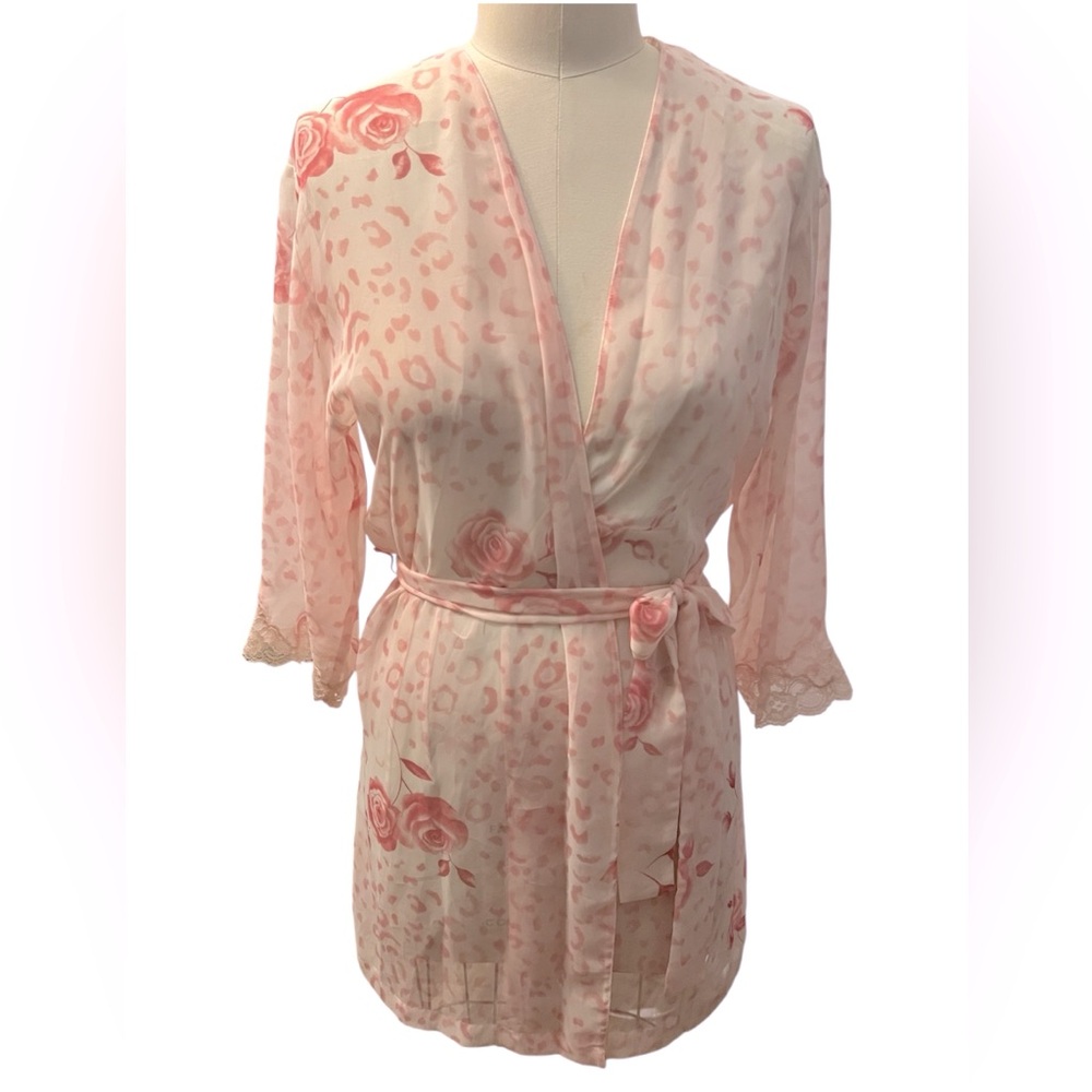 Oscar De La Renta Sheer Pink Floral and Leopard print Robe Women’s Sz Small NWT